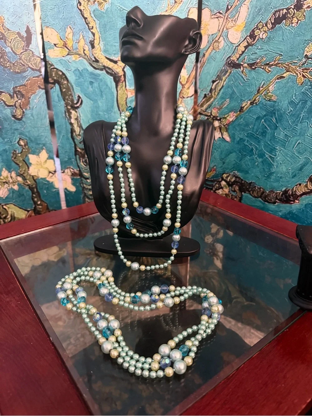 Layered Seafoam and Aqua Pearl Necklace Set with Matching Hoop Earring